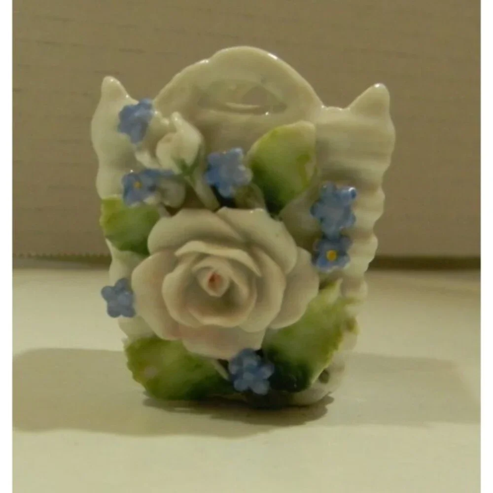 Vintage Mini Porcelain Basket Made In Germany Roses Blue Flowers